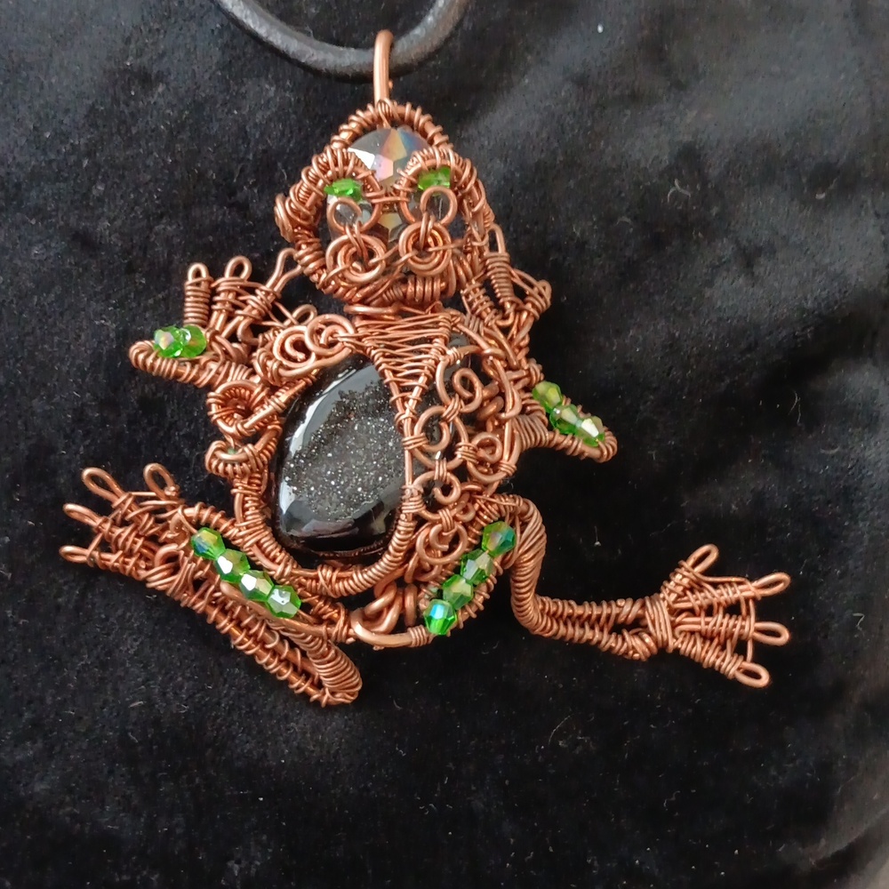 Life size druzy frog pendant.